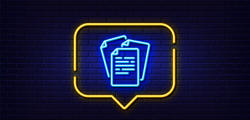 Neon light speech bubble. Documents line icon. Doc file page sign. Office note symbol. Neon light background. Documents glow line. Brick wall banner. Vector