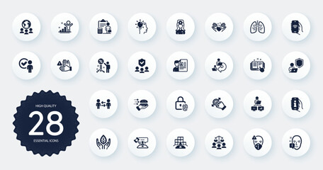 Set of People icons, such as Fair trade, Face attention and Delegate work flat icons. Fingerprint lock, Verification person, Medical mask web elements. Dont touch, Work home, Hold heart signs. Vector