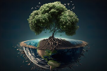 The concept of ecology and nature protection. Living tree growing from the planet Earth. Earth Day.generative AI