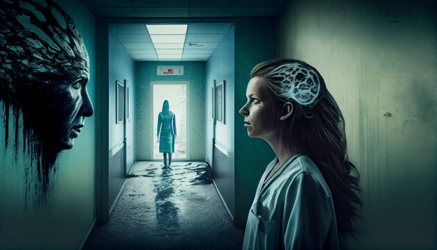 Concept: mental disorders. A frightened woman sees hallucinations in the ward of a psychiatric hospital, schizophrenia, AI generated