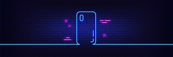 Neon light glow effect. Smartphone cover line icon. Phone sign. Mobile device symbol. 3d line neon glow icon. Brick wall banner. Smartphone cover outline. Vector