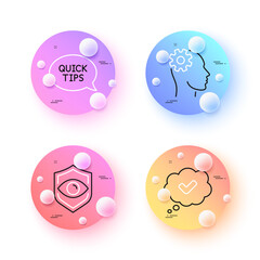 Engineering, Approved and Eye detect minimal line icons. 3d spheres or balls buttons. Quickstart guide icons. For web, application, printing. Cogwheel head, Comic message, Retina check. Vector