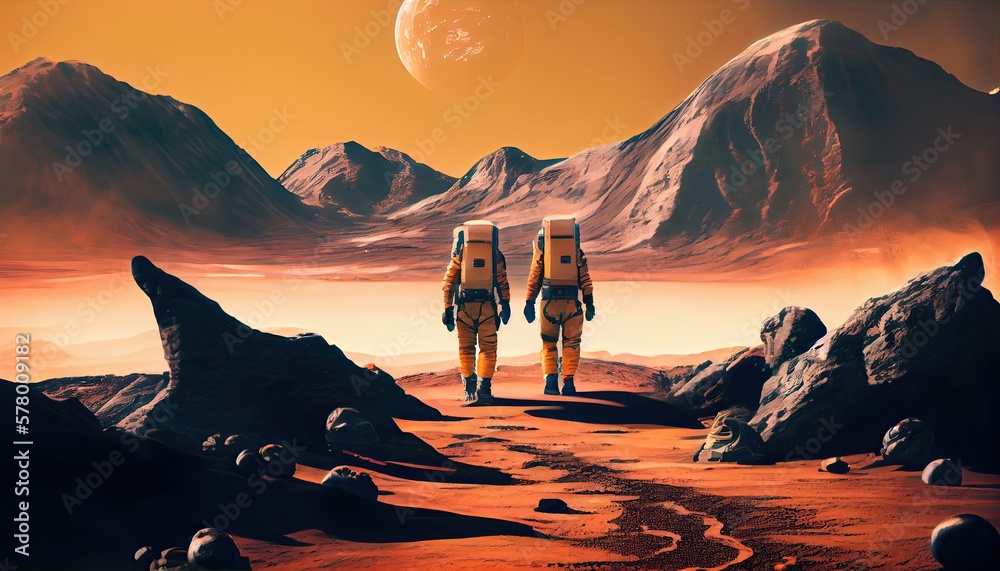 Wall mural exploring the unknown: astronauts walking on alien planets and beyond in the cosmos. generative ai