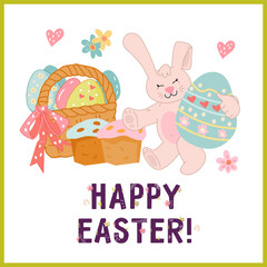 Happy easter card or banner vector illustration in flat style isolated on white background. Easter card with cute bunny character.