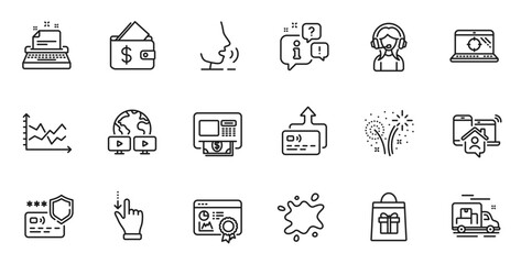 Outline set of Holidays shopping, Video conference and Atm line icons for web application. Talk, information, delivery truck outline icon. Vector
