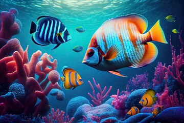 Fototapeta na wymiar Colorful Exotic Fish and Corals In Underwater Aquatic Paradise: Generative AI
