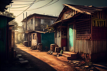 Fototapeta premium Old shabby houses in the slum district. Created with Generative AI technology