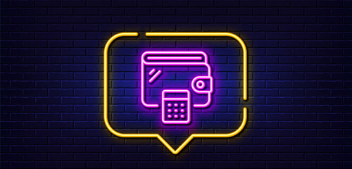 Neon light speech bubble. Wallet line icon. Money purse with calculator sign. Cash budget symbol. Neon light background. Wallet glow line. Brick wall banner. Vector