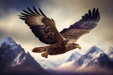 Naklejka na ściany i meble A Bird of Prey Soaring High Above the Mountains: A Stunning Moment of Wild Nature, Eagle in Flight: Generative AI