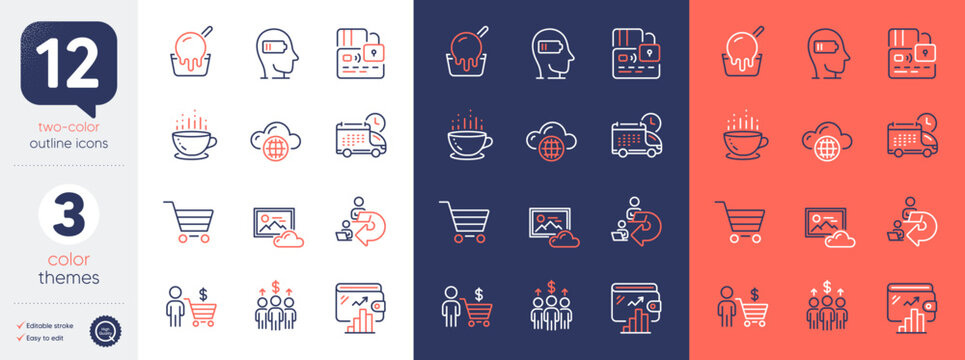 Set of Cloud computing, Wallet and Market sale line icons. Include Card, Delivery, Photo cloud icons. Delegate work, Coffee cup, Buyer web elements. Weariness, Meeting, Ice cream. Vector