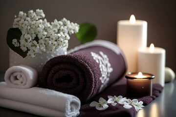 Purple rolled towels with flowers and candles