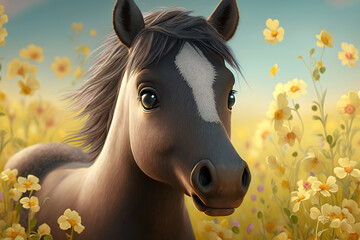 Cute realistic horse portrait on a blooming background and natural light. High detailed illustration generated by AI. 