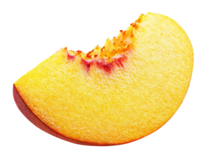 Slice of ripe peach fruit isolated on transparent background. Full depth of field.