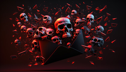 An open envelope with skulls flying out of it, cybersecurity concept created with generative AI technology