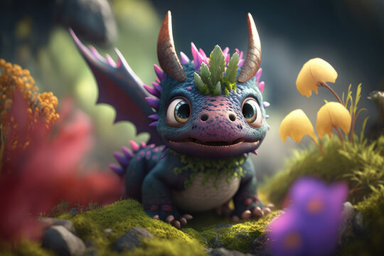 Cute realistic dragon portrait on a blooming background and natural light. High detailed illustration generated by AI. 
