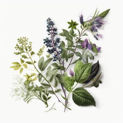 Composition of adaptogenic or bouquet of medicinal herbs on white background. AI-generated.  - obrazy, fototapety, plakaty