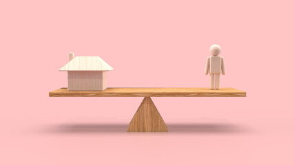 住宅と人のシーソーバランスの3Dイラストレーション