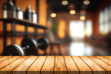 Fototapeta Blurred background of fitness gym and wooden table free space for product display. obraz