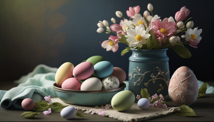 "Easter Eggs and Spring Flowers" - a delightful wallpaper background featuring colorful Easter eggs and blooming spring flowers