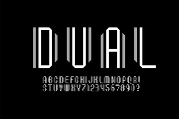 Tech font alphabet from double line, minimal technology style letters and numbers made in parallel ribbon, vector illustration 10EPS