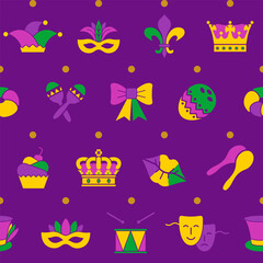 Naklejka premium Mardi Gras seamless pattern with masks, jester s hats, crown an fleur de lis. Abstract background.
