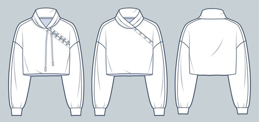 Set of Sweatshirt technical fashion illustration. Crop Sweatshirt fashion flat technical drawing template, roll neck, lace-up, button, front and back view, white, women, men, unisex CAD mockup. © Liubov Hladka