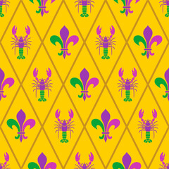 Mardi Gras seamless pattern with crayfish and fleur de lis - obrazy, fototapety, plakaty