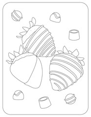 Strawberries in chocolate and candy. Coloring. Black and white image.