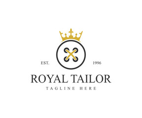 Fototapeta premium Tailor Logo. Crown with Black Circle Line Thread and Buttonhole Combination isolated on Background. Royal tailor vector logo