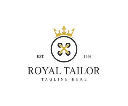 Tailor Logo. Crown with Black Circle Line Thread and Buttonhole Combination isolated on Background. Royal tailor vector logo