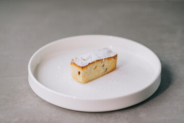 Delicious French almond flour cake on a plate. Close-up..