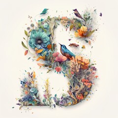 Letter S logo, made of leaves and flowers. Watercolor painting made with Generative AI