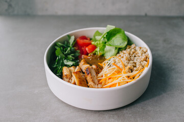 Food on an elegant white plate, lunch or dinner dish. Delicious food in a restaurant close-up.