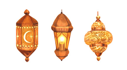 Watercolor set golden lamp lantern with candle and arabic print. Hand-drawn illustration isolated on white background. For islamic celebration day ramadan kareem, eid al fitr adha, arabesque design.