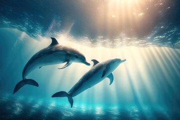 Fototapeta premium Couple of blue dolphins swimming underwater. Marine animals wallpaper. Generative AI