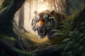 The tiger stood in the deep forest.