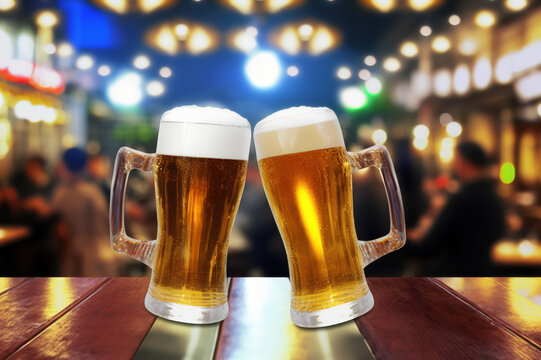 2 glasses of lager beer are cheering together with blurred background of people crewed at the bar place. Generative Ai image.