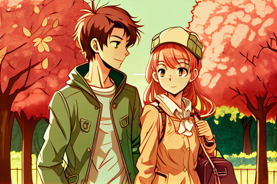Ein Junges Paar, verliebt in einem Park, Manga Stil