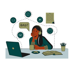Girl sitting at a table and studying online using laptop. Concept illustration of online courses, distance studying, self education, digital library. E-learning banner. Online education.