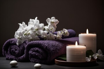 Obraz na płótnie Canvas Purple rolled towels with flowers and candles