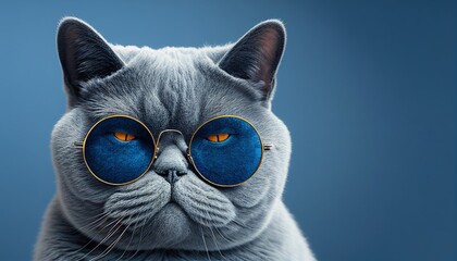 British Shorthair Cat Wearing Sunglasses on Blue Studio Background. Generative AI.
