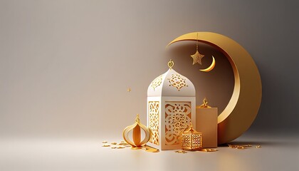  Islamic background, Gift box, lantern, a gold crescent moon on white, copy space text area. Generative AI.