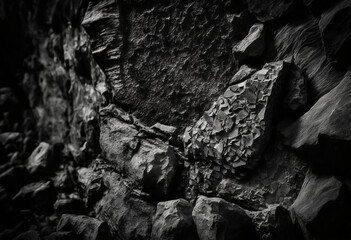 Abstract AI-Generated Render of a Craggy Gray Granite Rock Surface: A Close-up of Natural Geometric Patterns and Fractured Structures