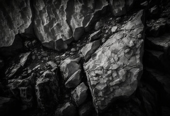 Ai-Generated Render of a Craggy, Splintered Black and White Granite Rock Surface