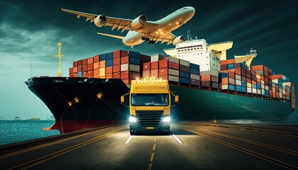 Container Cargo Ship and Cargo Plane for Transportation and Logistics. Generative AI. - obrazy, fototapety, plakaty