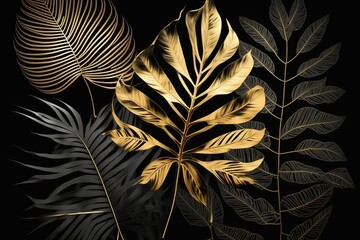 black and gold tropical leaf background