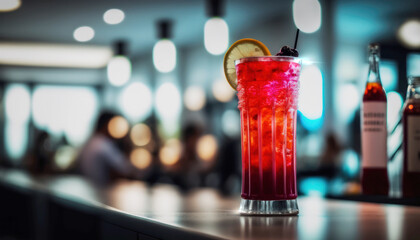 Enjoy the ultimate cocktail experience with this refreshing Singapore Sling drink in a glass. The bar atmosphere adds to the mood. Generative AI

