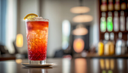 Enjoy the ultimate cocktail experience with this refreshing Singapore Sling drink in a glass. The bar atmosphere adds to the mood. Generative AI
