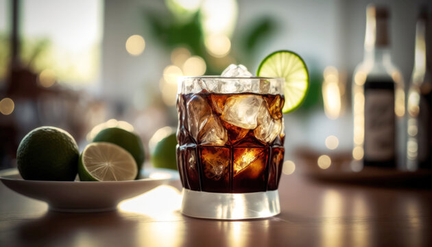 Enjoy the ultimate cocktail experience with this refreshing Cuba Libre drink in a glass. The bar atmosphere adds to the mood. Generative AI
