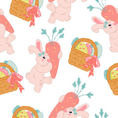 Easter seamless pattern with bunny and easter eggs, flat vector illustration on white background. Backdrop seamless design for Easter cards, wrapping and textiles.